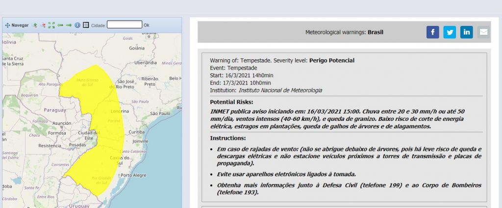 Inmet divulgou alerta de perigo potencial para tempestade em região na qual Dourados está localizada