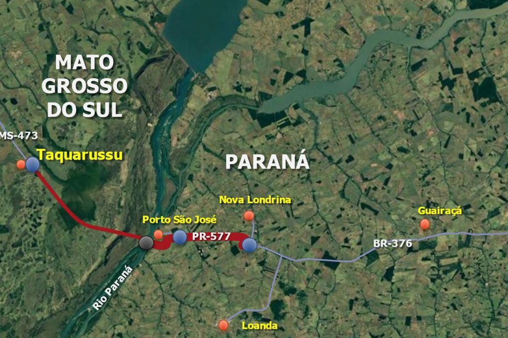 Mapa mostra onde deve ficar a ponte de ligação entre o Mato Grosso do Sul e o Paraná