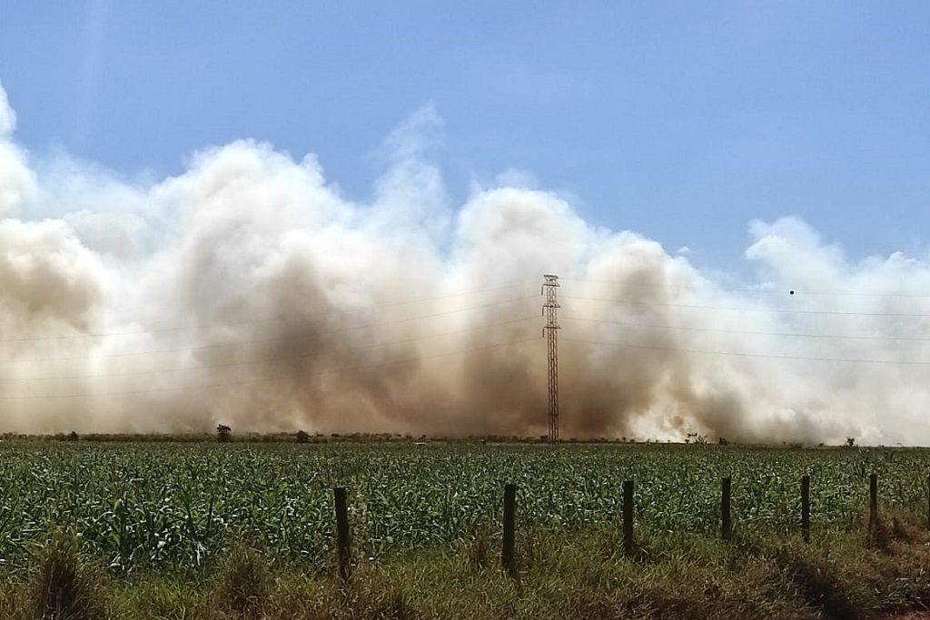 Fogo em pastagem de propriedade rural provocou fumaça alta e densa em Dourados (Foto: André Bento)