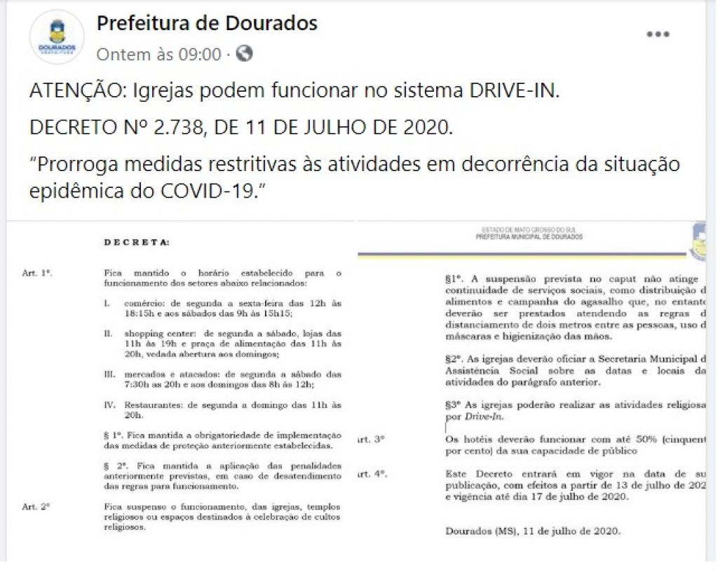 Publicação em rede social atribuída à prefeitura tem informação diferente de decreto oficial (Foto: Reprodução)