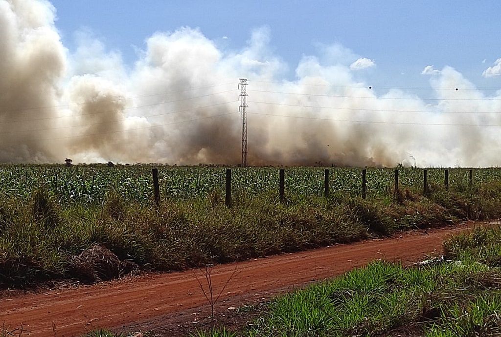 Fumaça de incêndio às margens da Perimetral Norte pode ser vista de longe em Dourados (Foto: André Bento)