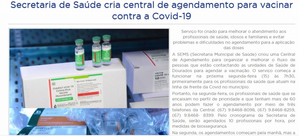 Prefeitura de Dourados informou ter criado central de agendamento no dia 14 de fevereiro